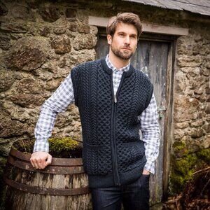 The Irish Store Men's Traditional Fisherman Zipper Vest in Navy Merino Wool, L